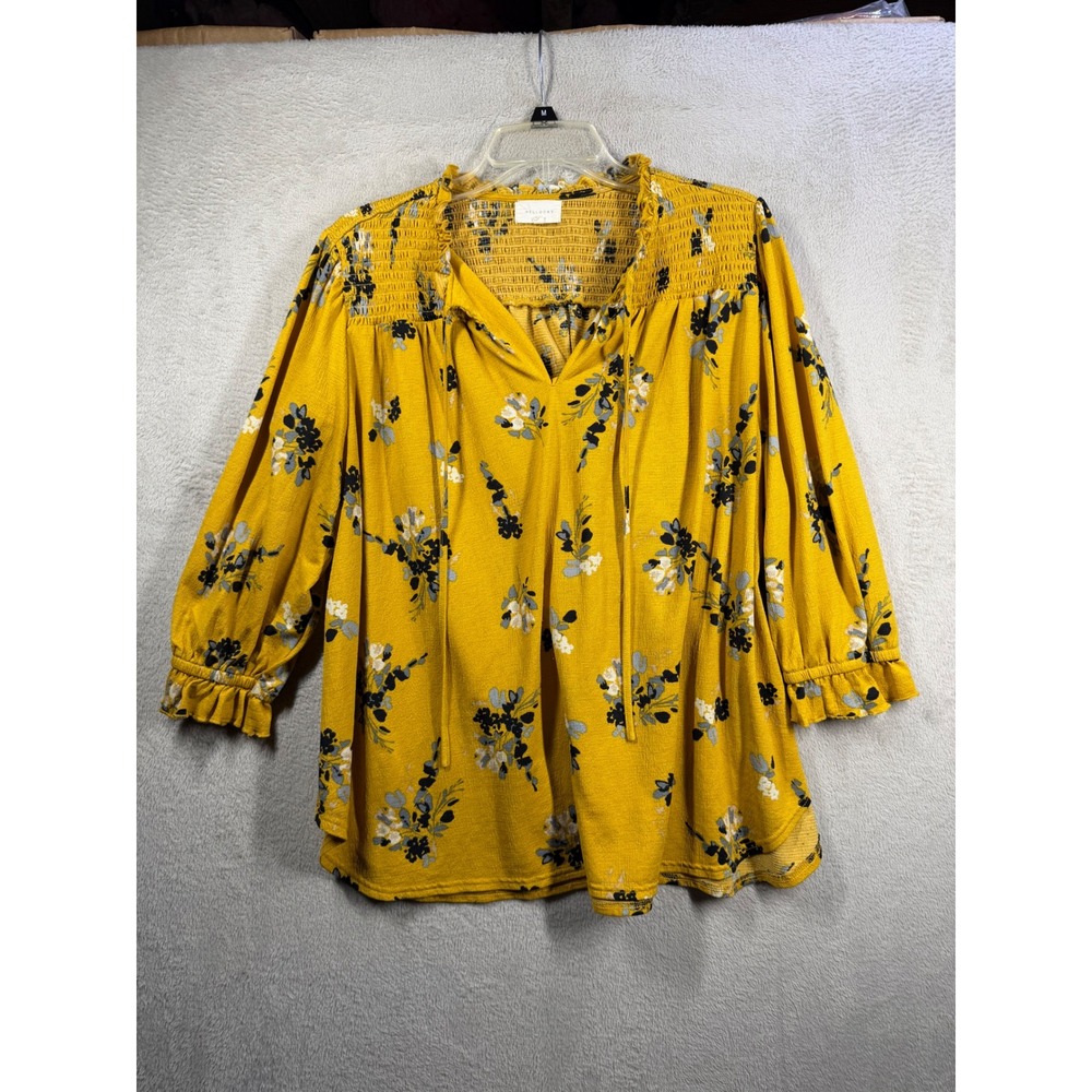 Melloday Floral Blouse Womens 2X Yellow Peasant Smocked Boho CET211030-TP